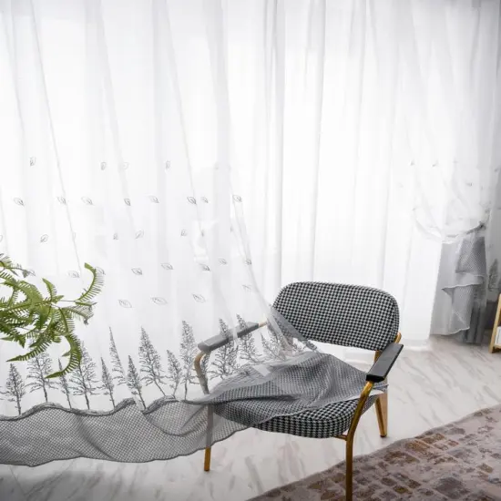 High-end White Embroidered Curtains for Living Rooms: Complete Set with Poles and Tracks Accessories