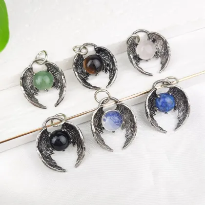 Red Jasper10MM Balls Silver Alloy Angle Wing Pendant Necklace Choker Jewelry