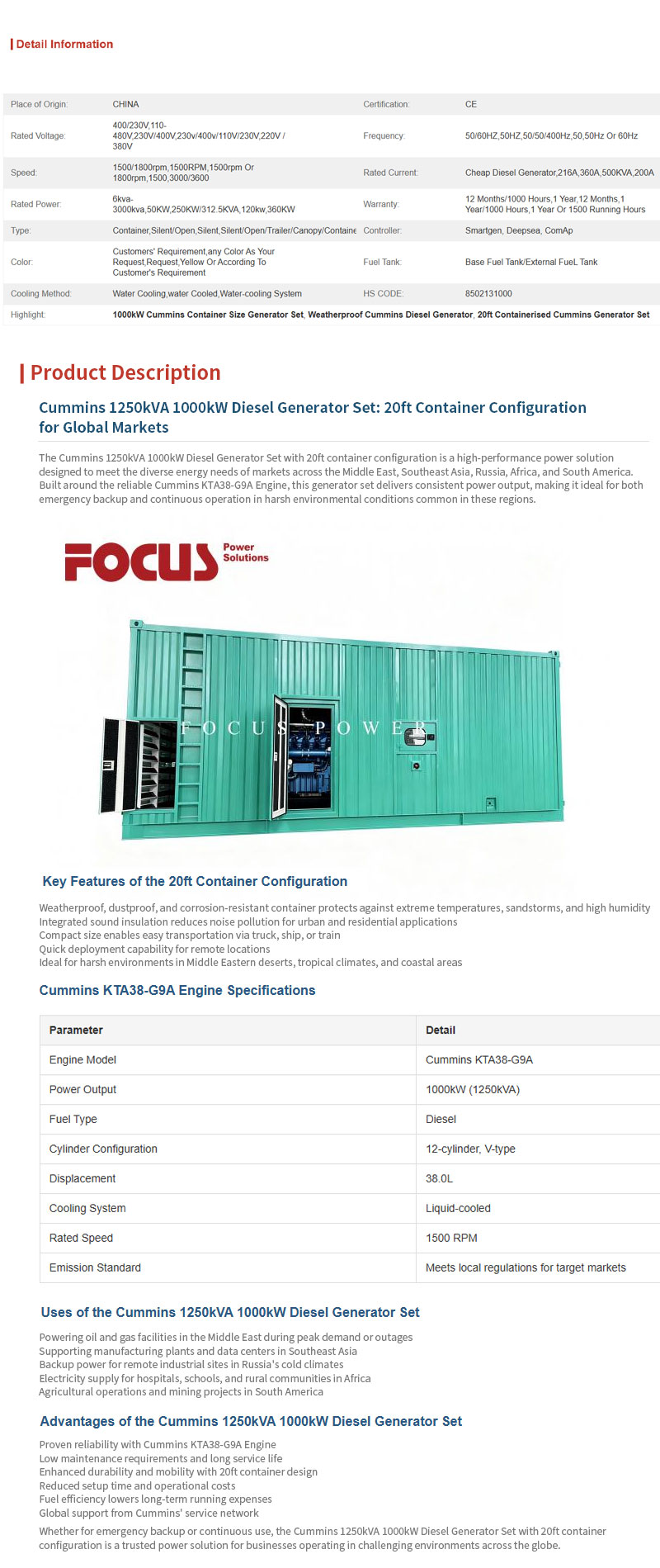 1250kVA-1000kW-CUMMINS-Container-Size-Generator-Set-Weatherproof-20ft-Containerised