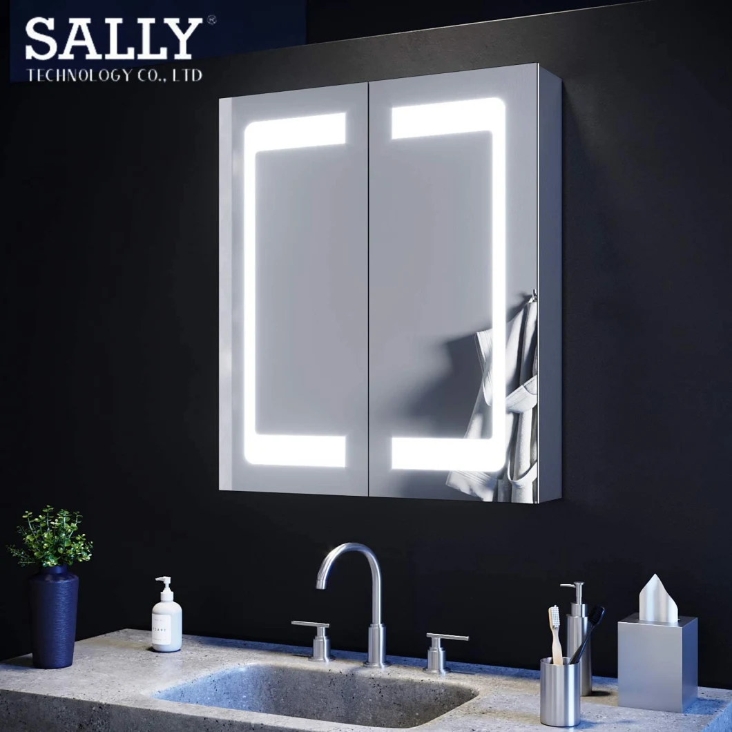 Sally 23X27.5 Miroir Double Porte Carré Vanité Salle De Bains Armoire À Pharmacie avec Lumière LED Armoire Murale De Rangement Avec Miroir Intérieur