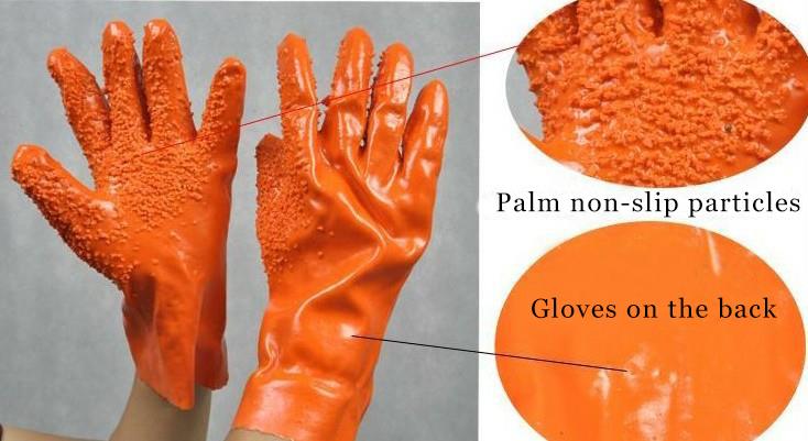 Fichas de guantes con recubrimiento de PVC naranja en la palma