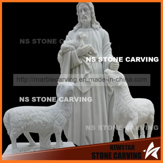 White Marble Natural Stone Jesus′s Sheep Sheepherd Church Statues