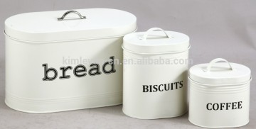 metal bread bin and sugar coffee tea canister