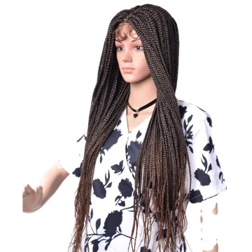 Newest Synthetic Hair Ponytails Extensions With Baby Hair Long Handmade Full Braided Box Braids Synthetic Lace Frontal Hair Wigs