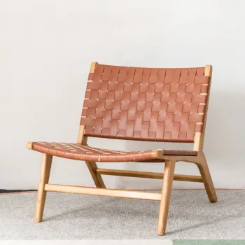 Wholesale Modern Saddle Leather Rattan Relax Chair with Oak Wood Frame
