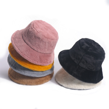 High Quality OEM Winter Solid Color Fluffy Faux Fur Bucket Hat