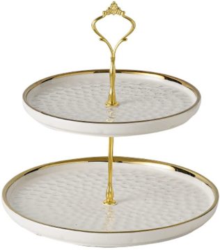Handgemaakte witte ronde ronde keramische plaatstorm van 2-laags voor cupcakes en snacks