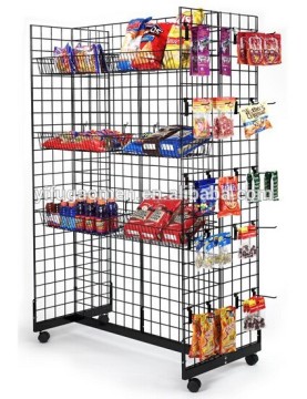 Gridwall Fixture w/ Wheels, (12) Baskets & (50) 6" Peg Hooks, Gondola Design - Black