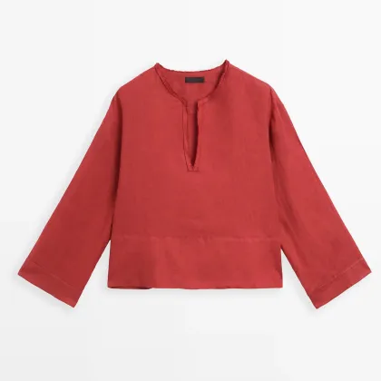 Women's breathable stand up collar linen shirt long sleeved top