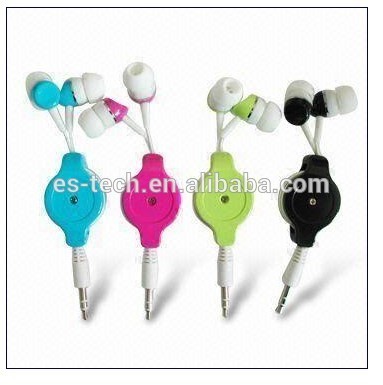 Colourful In ear earphone with retractable cable, wired earpiece