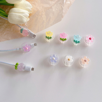 USB Cable Bite Protector with Tulip Soft TPU Cover for iPhone and Android Devices including Apple Lightning and Port C Charging Cords - 1PCS