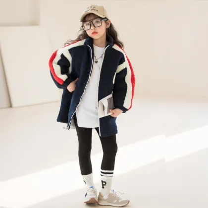 Girls' wool coat thickened leisure coat in autumn and winter