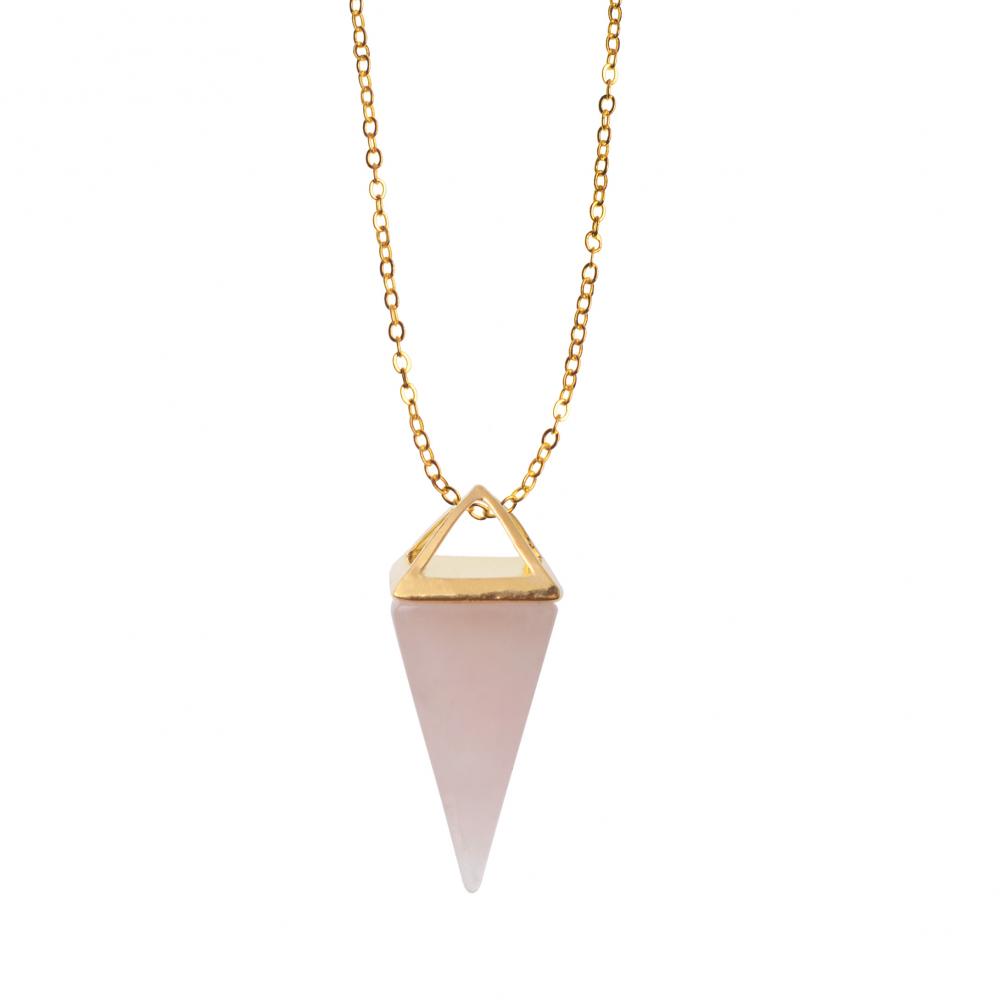 Collier en cristal de quartz pyramidal avec pendentif en quartz rose