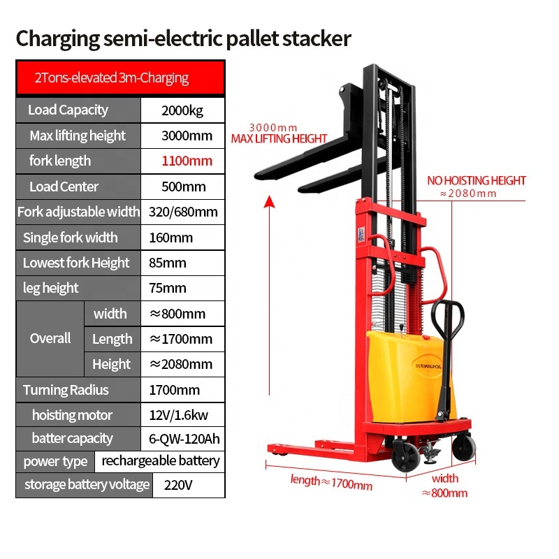 1 Ton Semi Electric Pallet Stacker with 3m Lifting Height