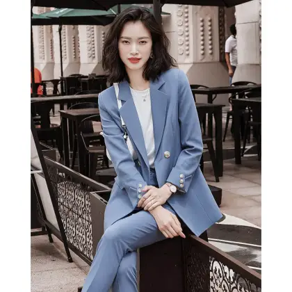 Elegant Mid-Length Blue Business Women Suit