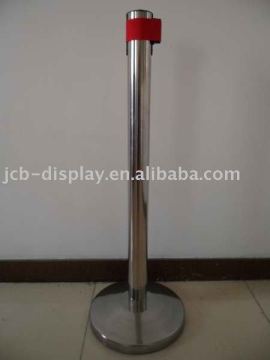 polished stainless steel post with red belt pedestrian barrier
