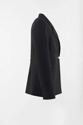 Black woven suit with pearl button