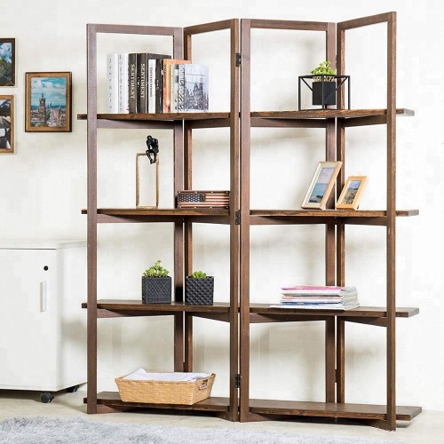 Wood 4-Panel Room Divider 4 Tier Display Rack