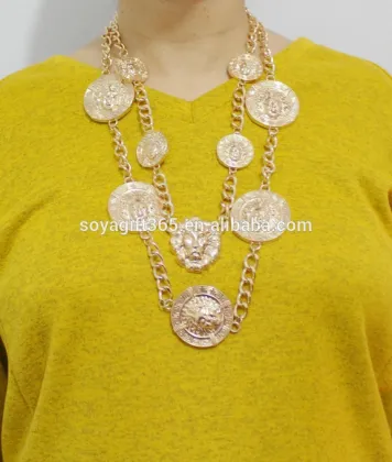 Golden Enamel 5 Lion Head Choker Necklace Pendant Thick Lion Jewelry