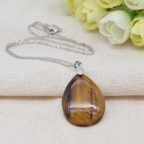 Natural Tiger Eye 28x35MM Waterdrop Pendant Necklace with 45CM Silver Chain