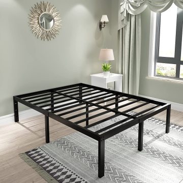 45MinST 3600lbs Heavy Duty Reinforced Platform Mattress Foundation: 18 Inch Tall Steel Slats Support Bed Frame - Black