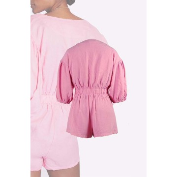 Skin-friendly V Neckline Puff-Sleeved Cotton Linen Romper