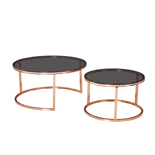 Mesas nido en oro rosa con cristal gris ahumado