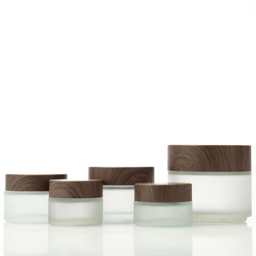 Frosted Cosmetic Glass Jar with Plastic Wood Grain Cover