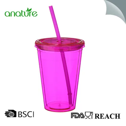 Double Wall Plastic Tumbler With Straw And Lid