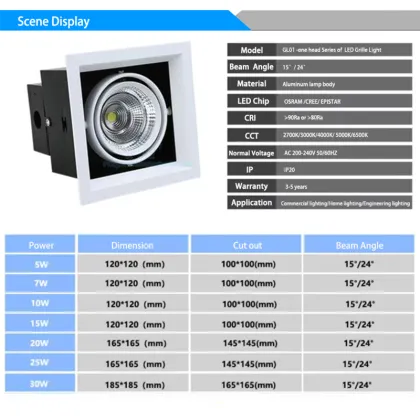 30W LED Downlight Recessed, Single, Double or Triple Head Square Downlight