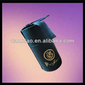 Paper black rund tube packaging box with ribbon and gold logo stamping