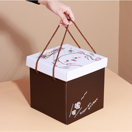 Quadratische Geschenkbox bunt mit Seilgriff