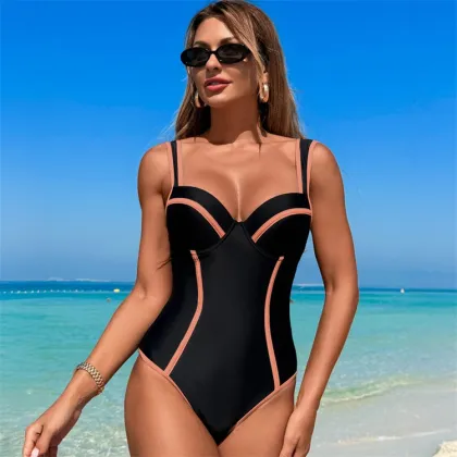 High-End Black and White Striped High Waist Swimsuit