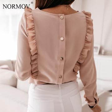 NORMOV Women Blouse Shirt Office Lady Vintage Pink Shirts Back Metal Buttons Tops Summer Casual O-Neck Long Sleeve Blusas Mujer