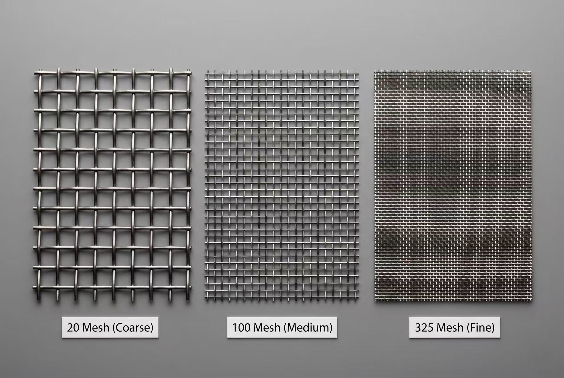ANJIA Group stainless steel filter mesh micron comparison showing 20 mesh, 100 mesh, and 325 mesh side by side