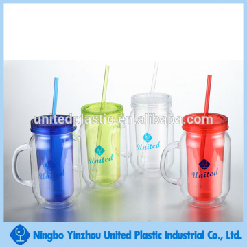 16oz double wall plastic mason jar cup with handle
