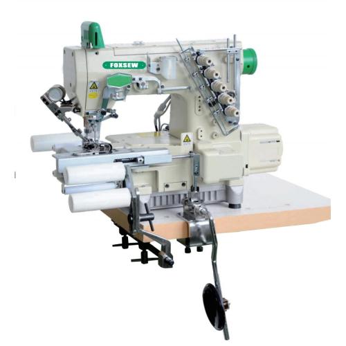 Direct drive cylinder bed interlock sewing machine with automatic trimmer and tubular elastic waist band attachment