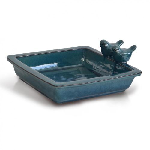 Teal Glaze Quadrate Ceramic Bird Feeder na may mga Ibon