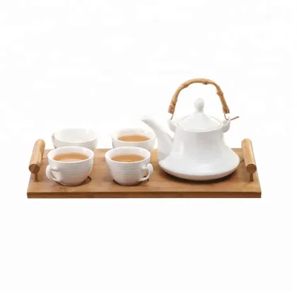 White Porcelain Tea Cup and Saucer Set with Tray