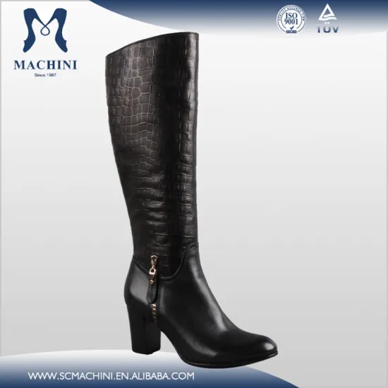 Factory price black leather high heel boots