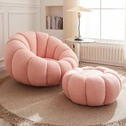 Lazy Pumpkin Sofa Shaped Boucle Swivel Lounge Chair with Footstool