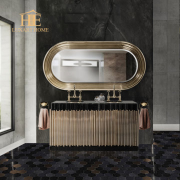 Custom Luxury Bathroom Cabinet with Black Marble Top and Stainless Steel Sink