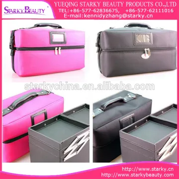 Ladies cute big size hard pu waterproof double-decker storage cosmetic powde makeup case