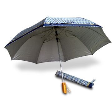Folding Umbrella, Two-fold Automatic, Made of Silver Check Fabric with Stick Wooden Handle