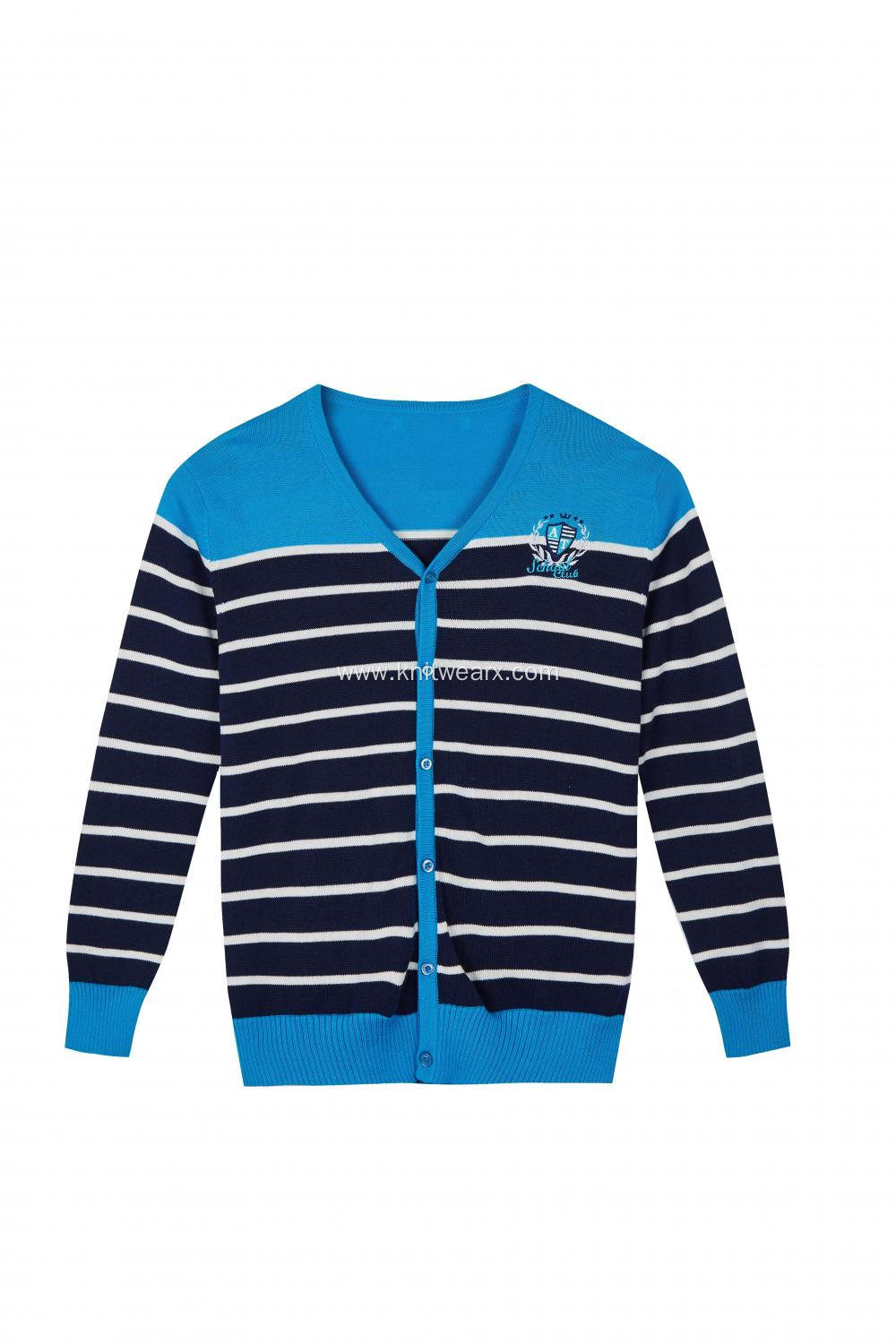 Boy's Knitted Striped Logo Embroidery Buttoned Cardigan