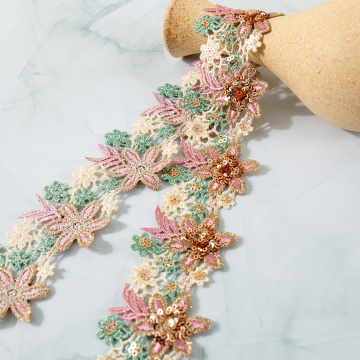 Wholesale 3D Glitter Sequin Flower Pierced Embroidery Laces Trim for Evening Dresses - Water Soluble
