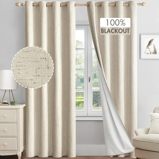 Luxury High-Quality Faux Linen 100% Blackout Curtains for Heat and Cold Insulation (2 Panels)