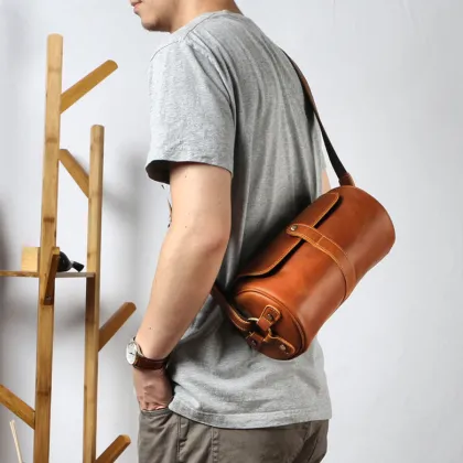 Leather Cool Barrel Sling Crossbody Bag for men