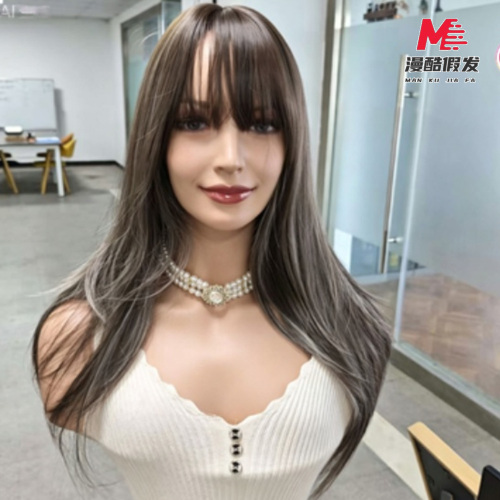Long Straight Ash Brown Synthetic Wig with Bangs 3