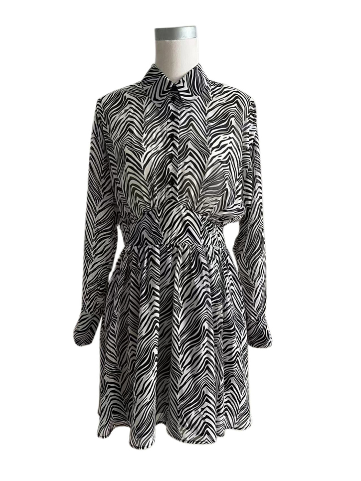 Shirt Collar Zebra Print Midi Dress